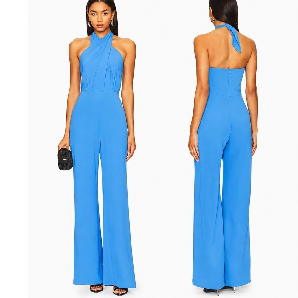 Amanda Uprichard Mezcal Jumpsuit Blue Halter Wide Leg Crepe Size Medium NEW